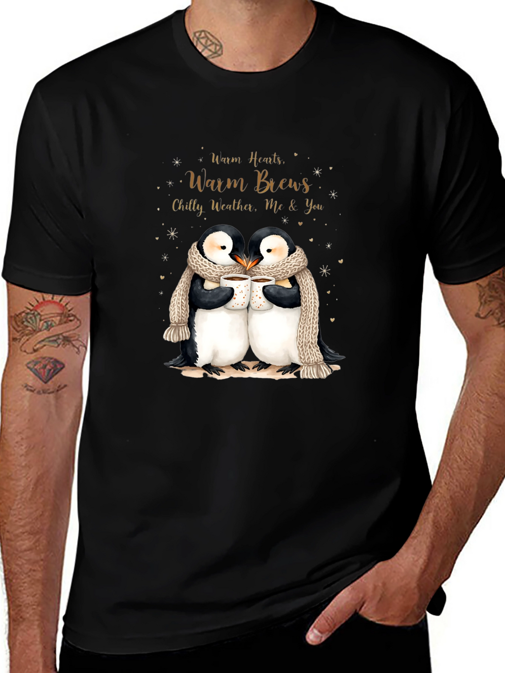 Penguin Love Black T-Shirt Warm Hearts Brews