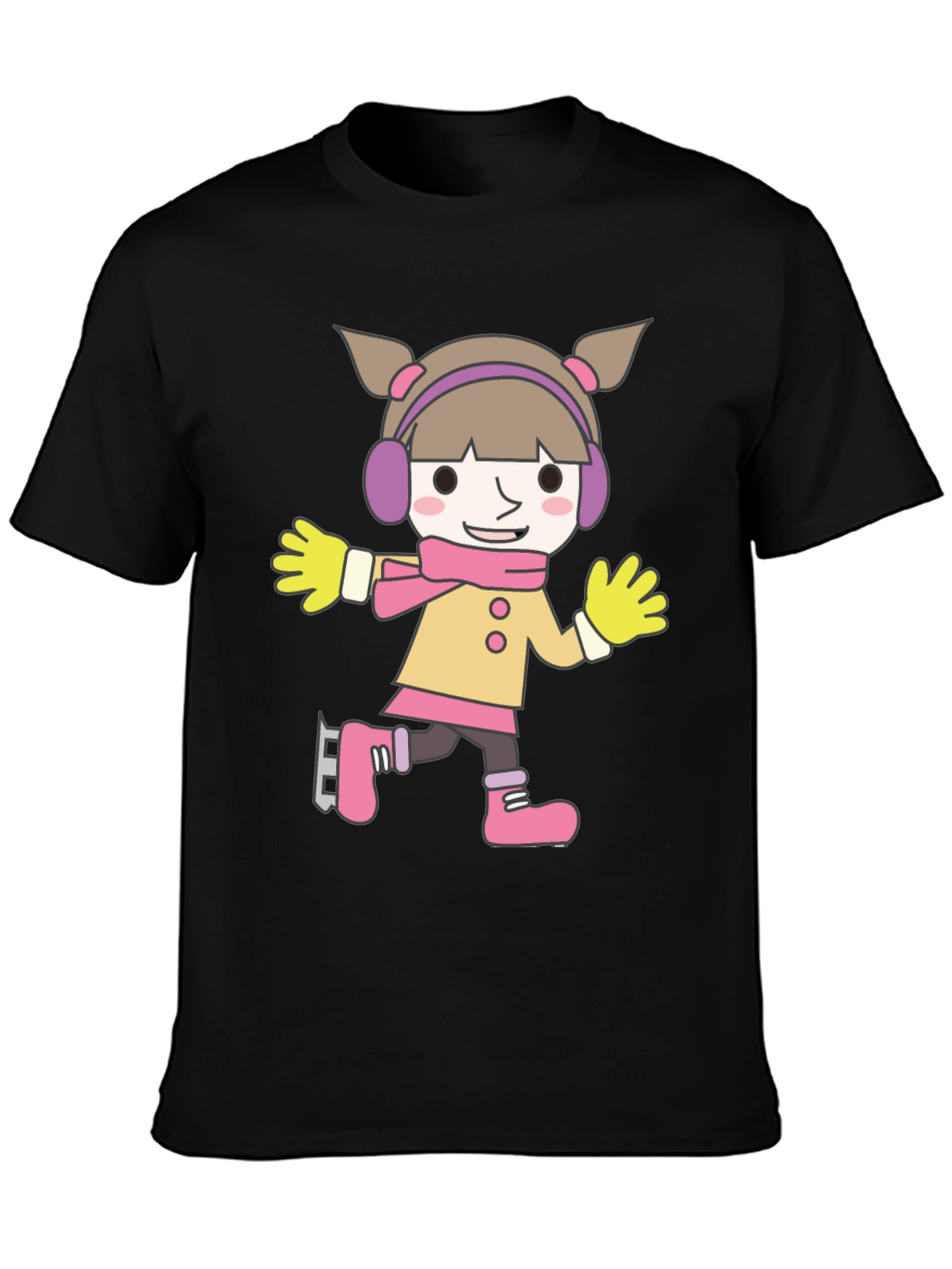 Cartoon Girl Ice Skating Black T-Shirt