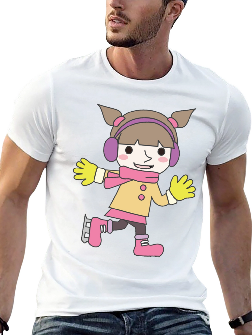 Cartoon Girl Ice Skating Black T-Shirt