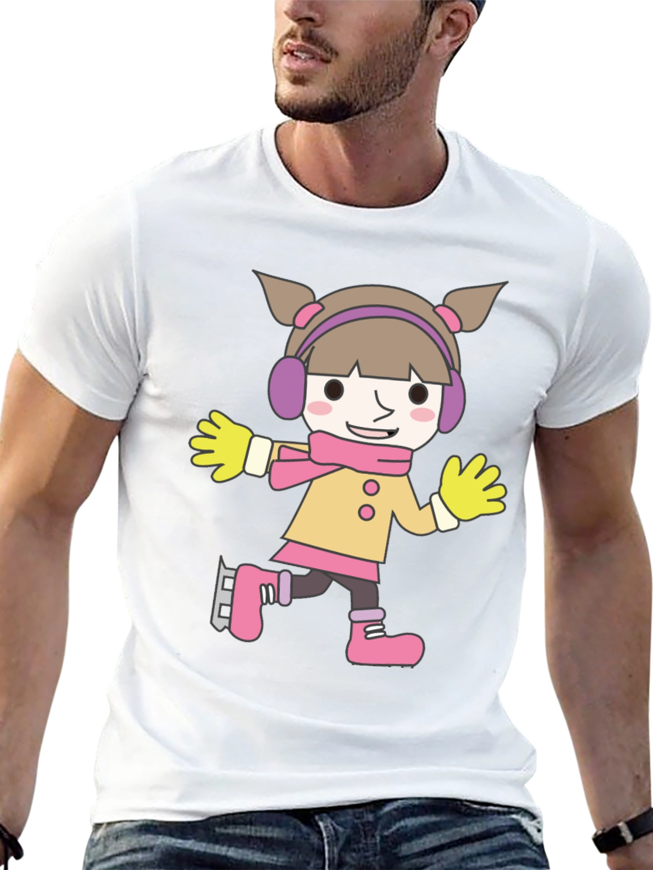 Cartoon Girl Ice Skating Black T-Shirt