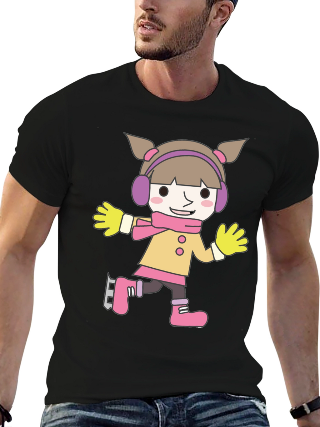 Cartoon Girl Ice Skating Black T-Shirt