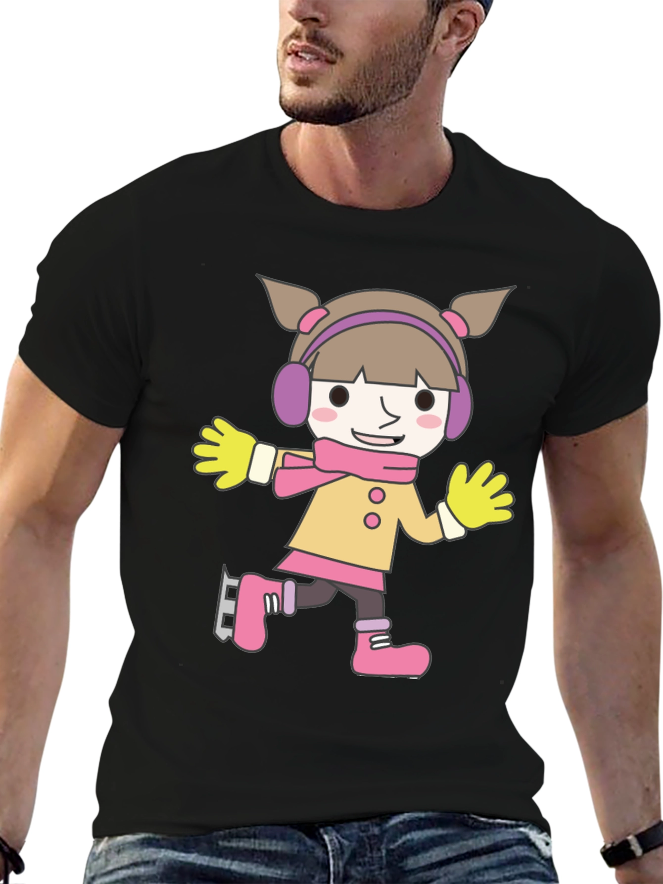 Cartoon Girl Ice Skating Black T-Shirt