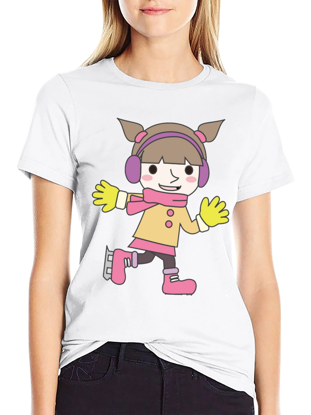 Cartoon Girl Ice Skating Black T-Shirt