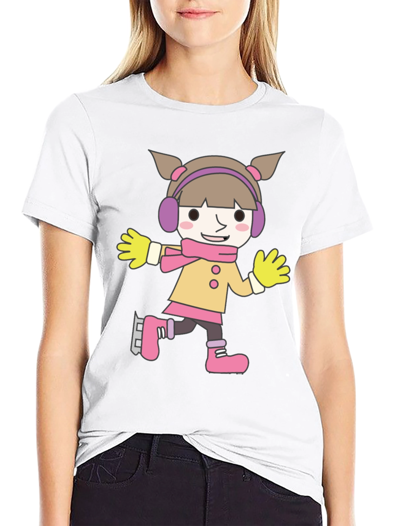 Cartoon Girl Ice Skating Black T-Shirt