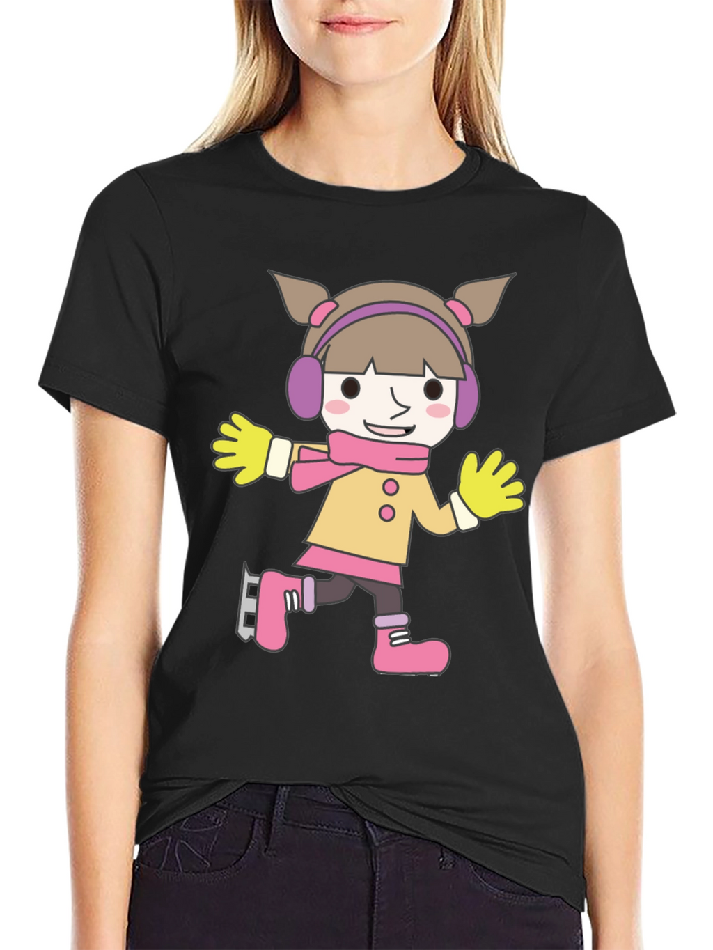 Cartoon Girl Ice Skating Black T-Shirt