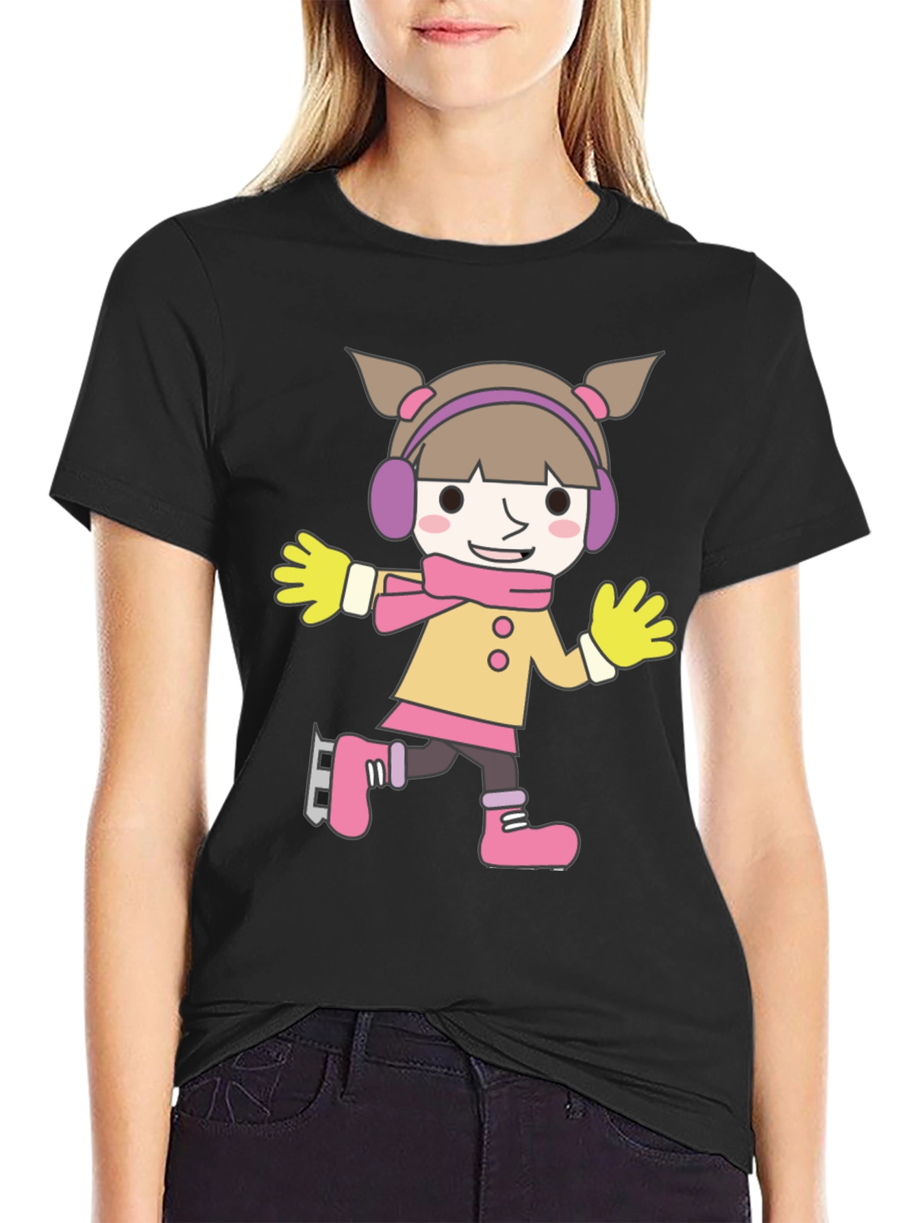 Cartoon Girl Ice Skating Black T-Shirt