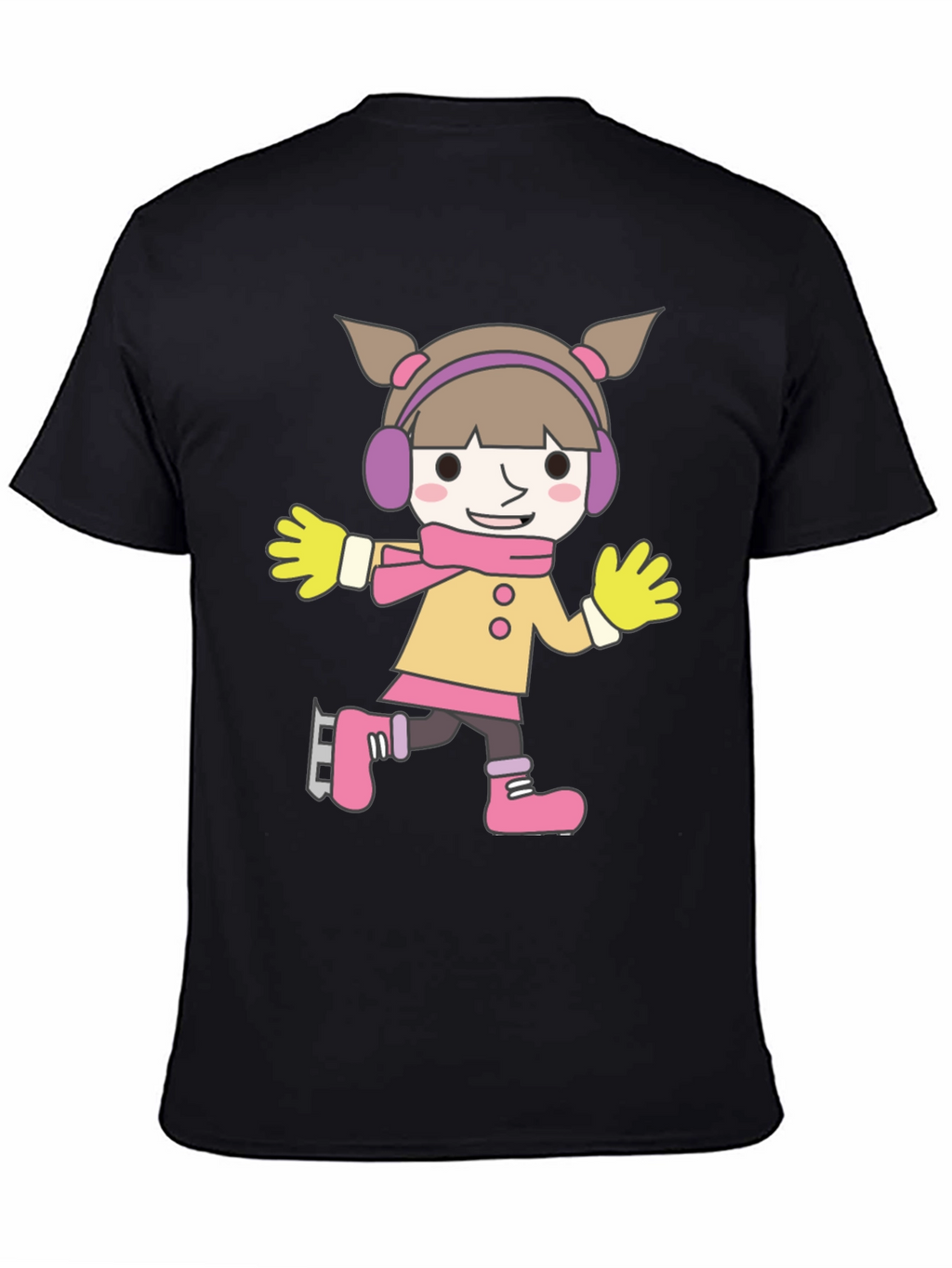 Cartoon Girl Ice Skating Black T-Shirt
