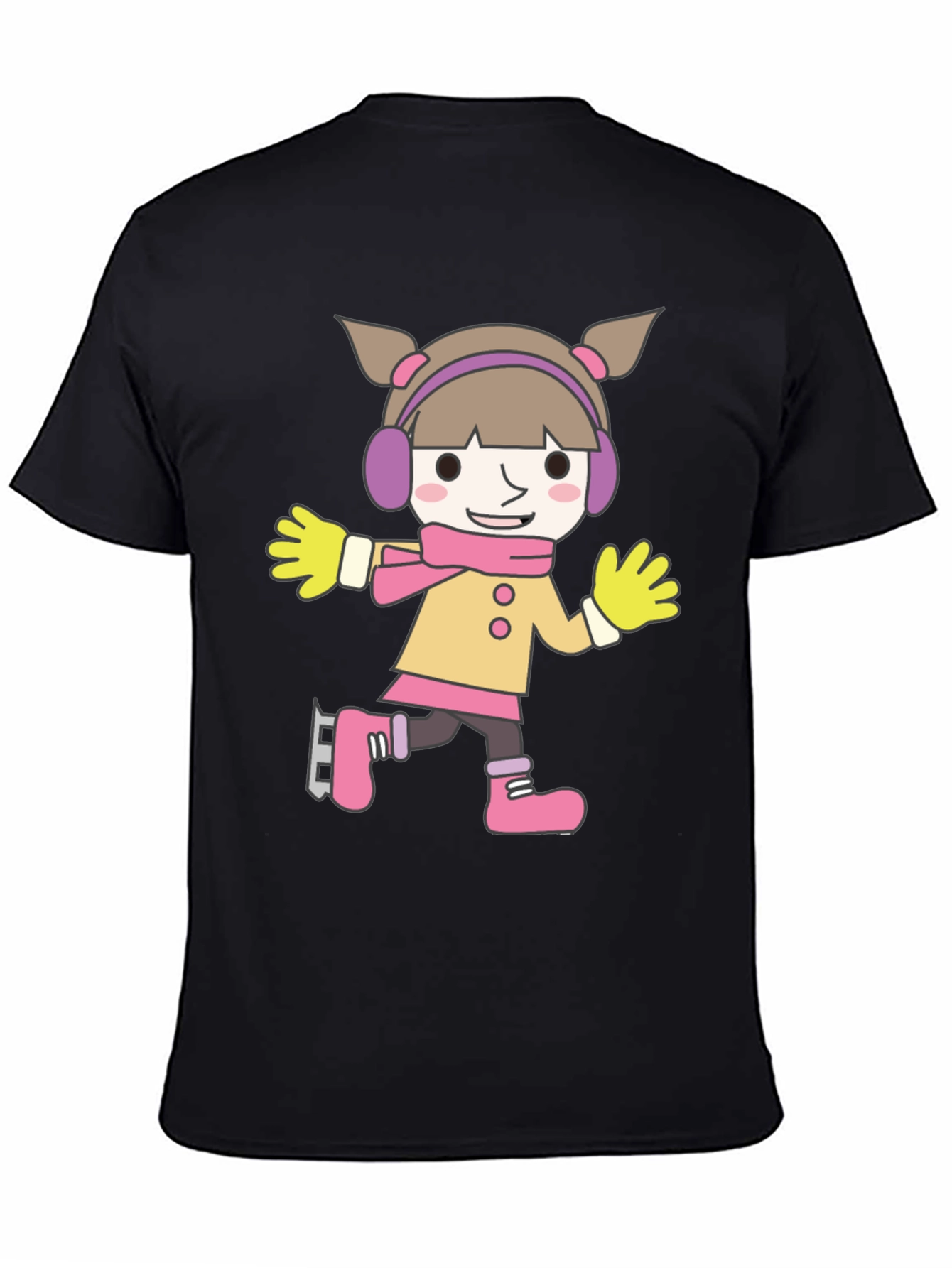 Cartoon Girl Ice Skating Black T-Shirt