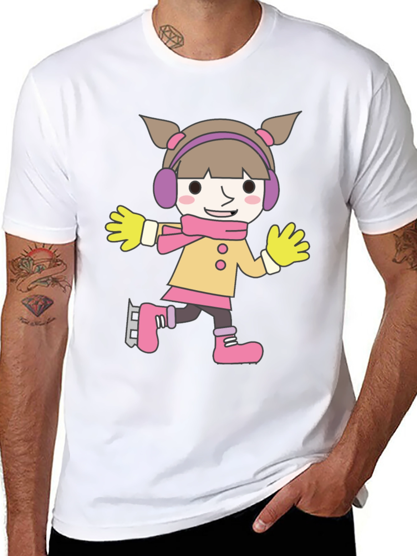 Cartoon Girl Ice Skating Black T-Shirt