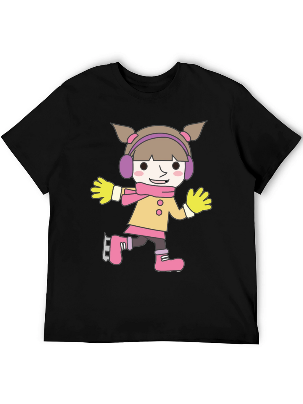 Cartoon Girl Ice Skating Black T-Shirt