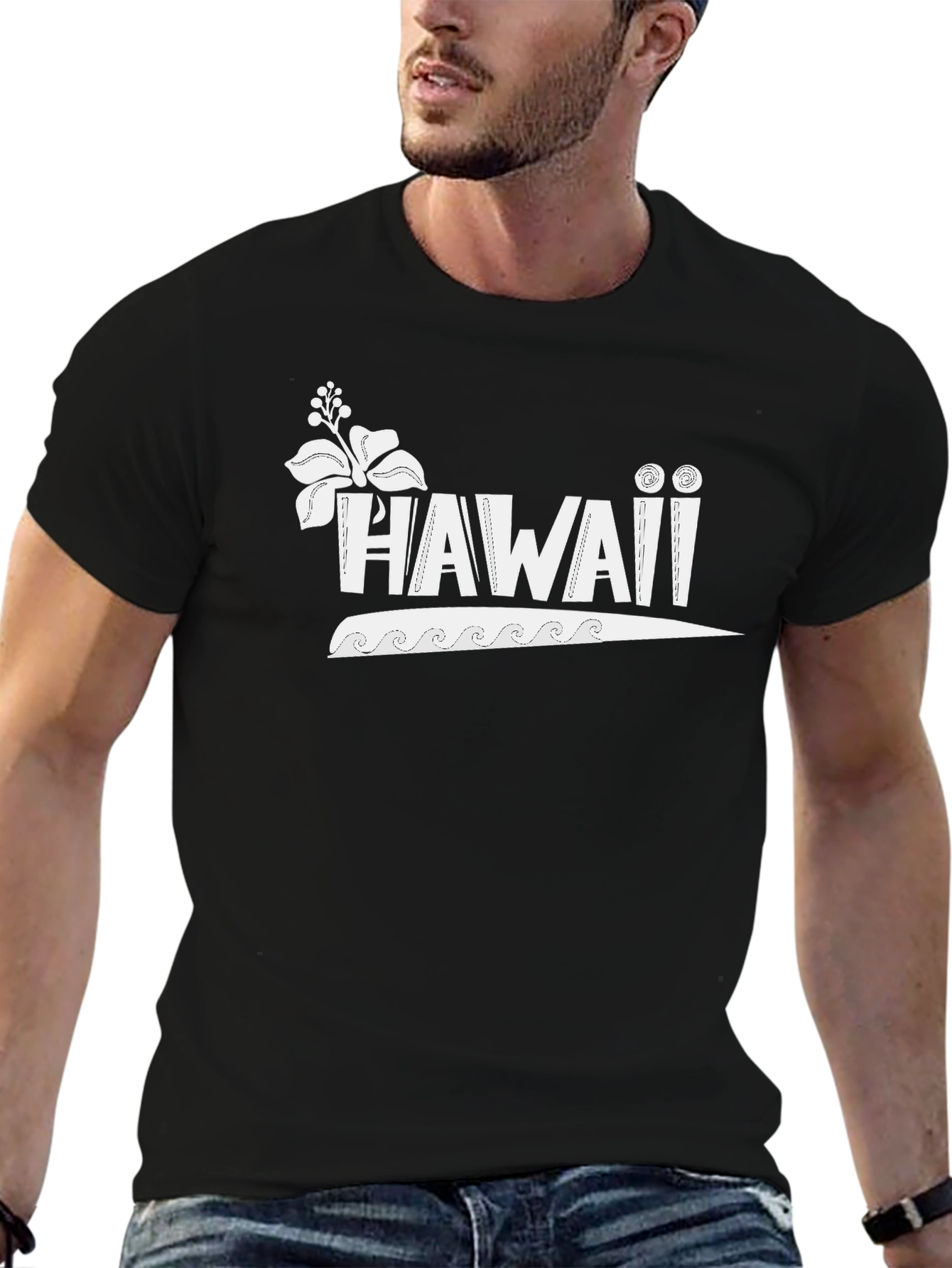 Hawaii Graphic Print Crew Neck Tee - Black