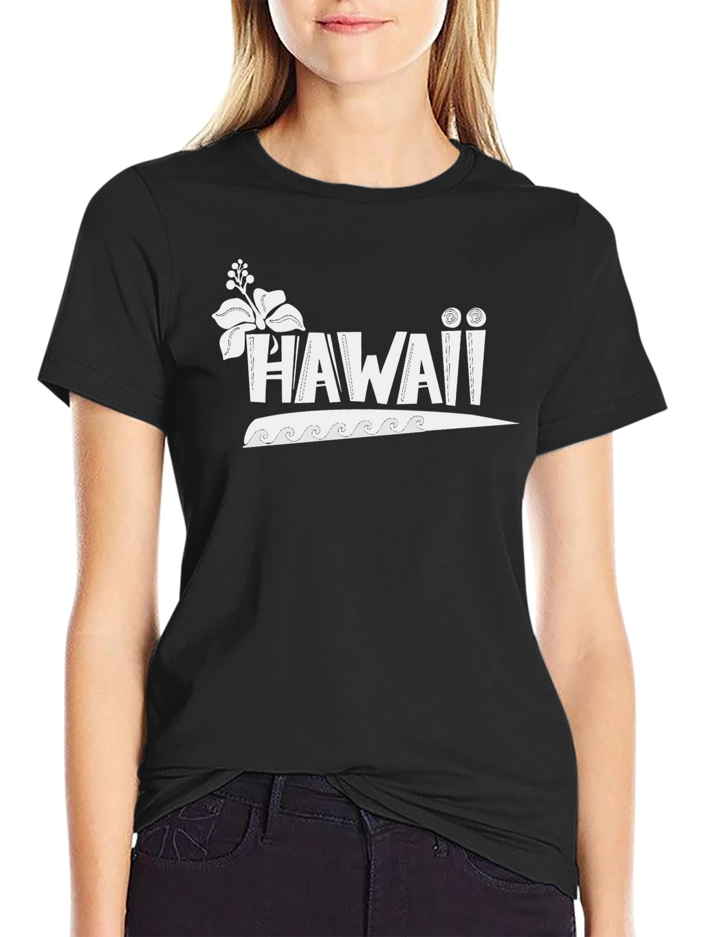 Hawaii Graphic Print Crew Neck Tee - Black