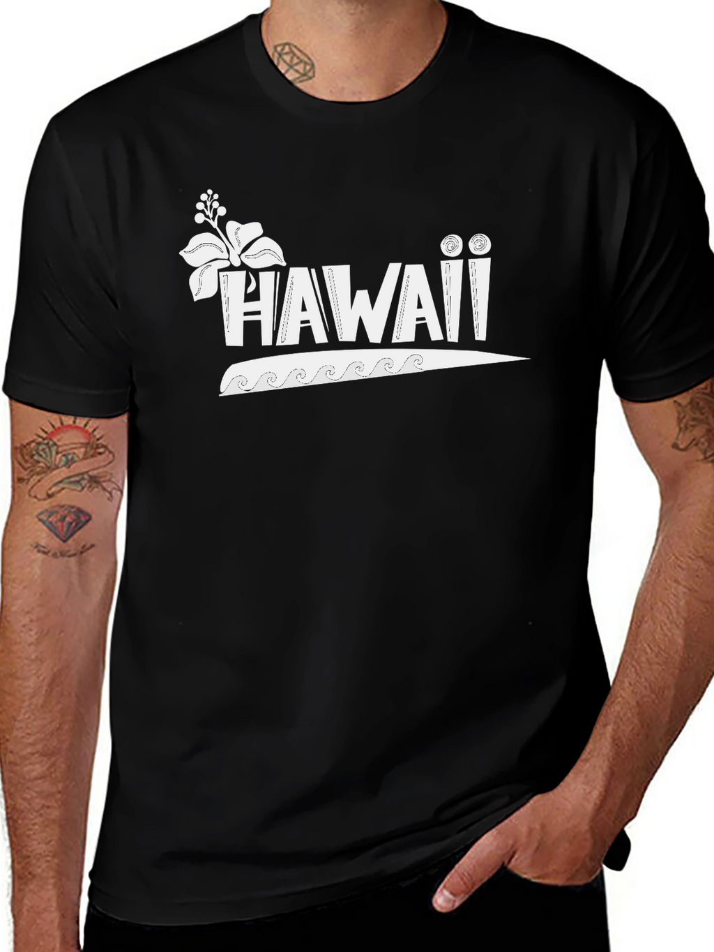 Hawaii Graphic Print Crew Neck Tee - Black