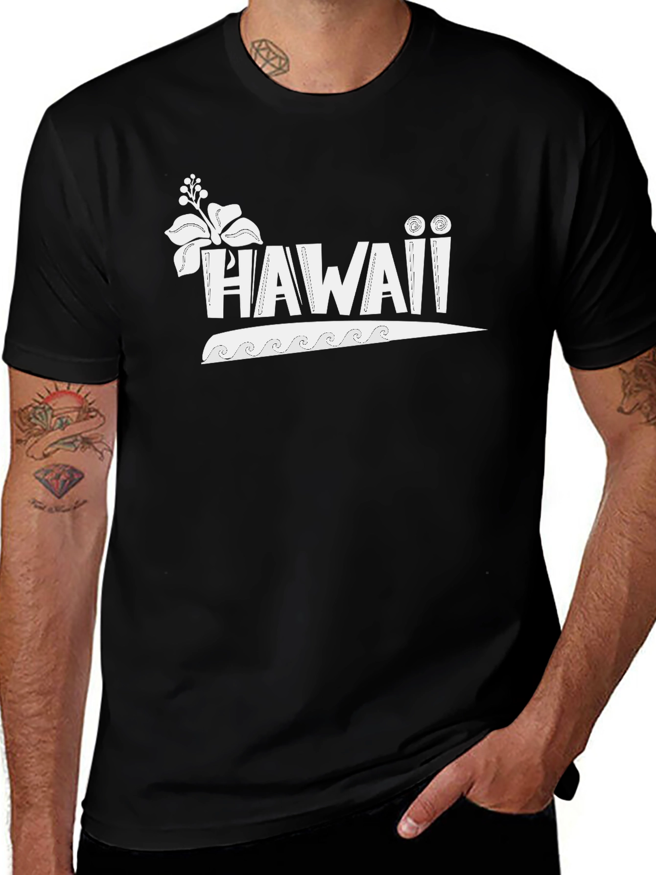 Hawaii Graphic Print Crew Neck Tee - Black