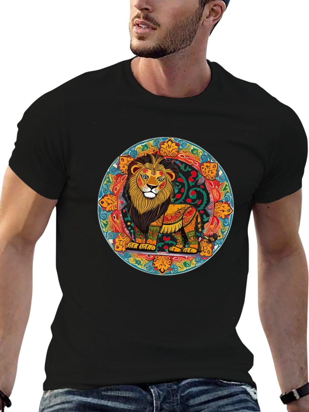 Vibrant Lion Mandala Graphic Tee - Stylish Mens Shirt