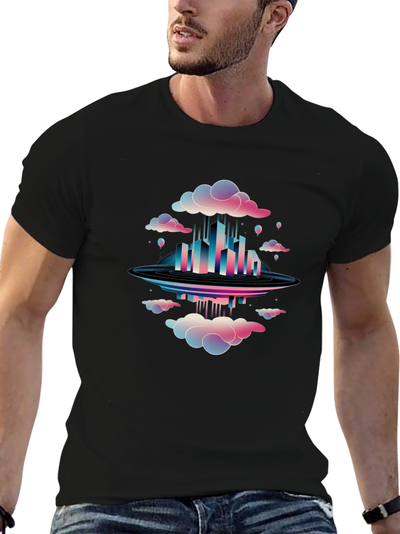 Abstract Cityscape Graphic Tee - Black Cotton