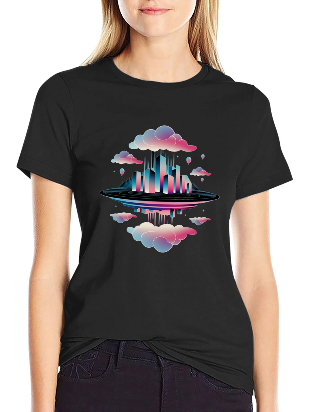 Abstract Cityscape Graphic Tee - Black Cotton