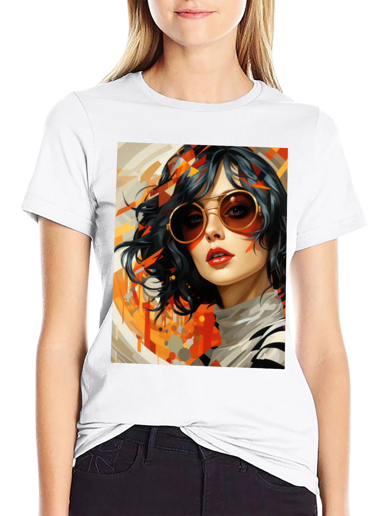 Retro Art Woman Graphic Tee - Stylish Black T-Shirt