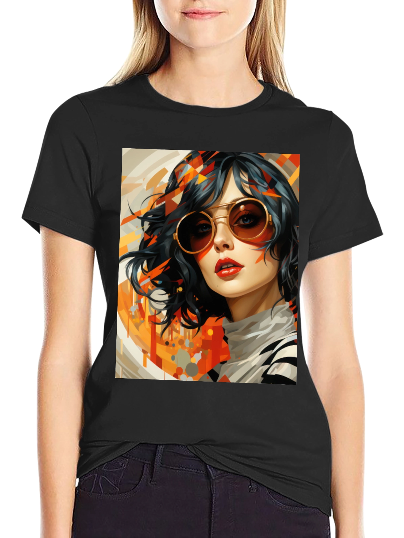 Retro Art Woman Graphic Tee - Stylish Black T-Shirt
