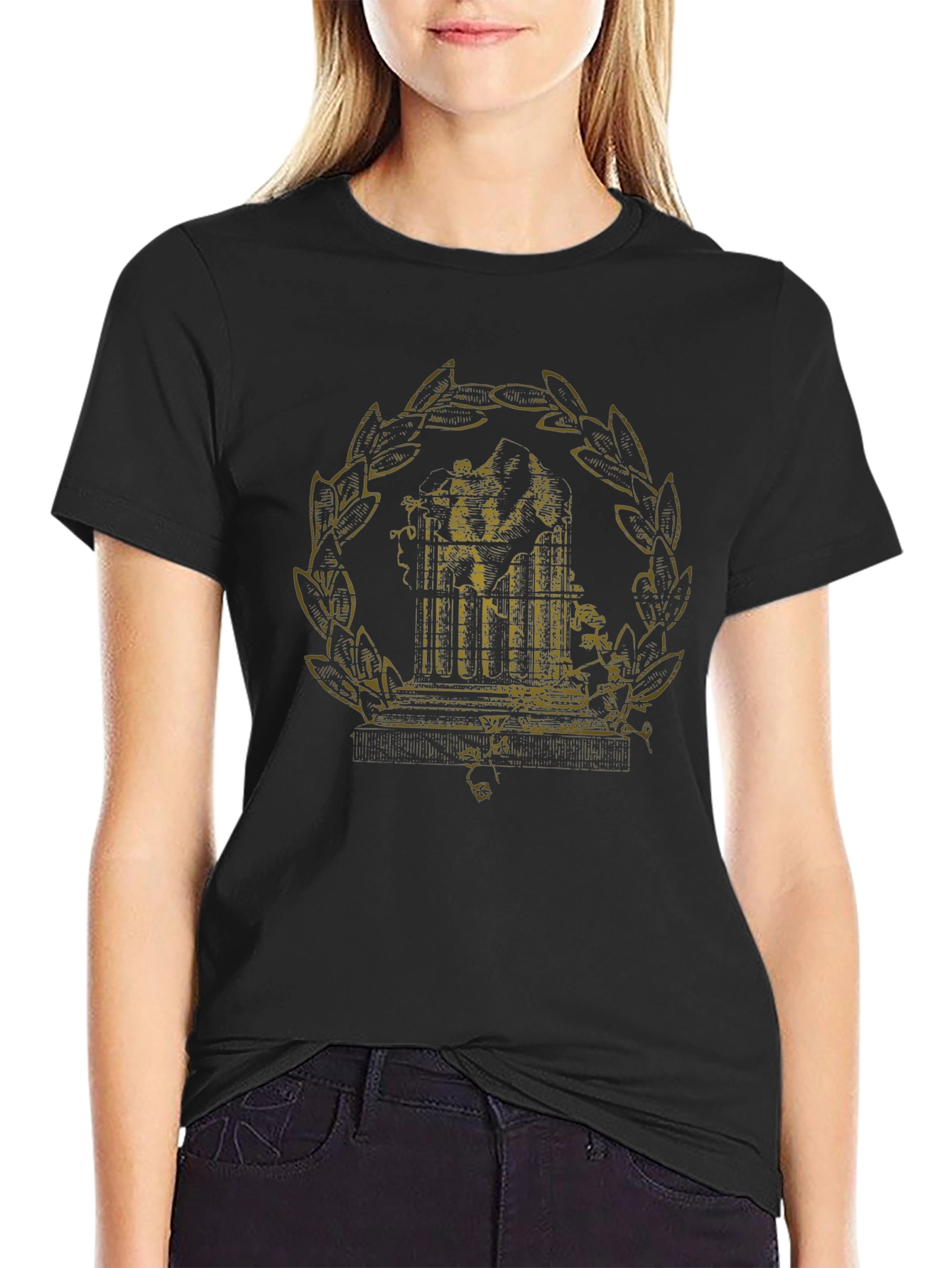 Antique-Style Print Black Graphic Tee