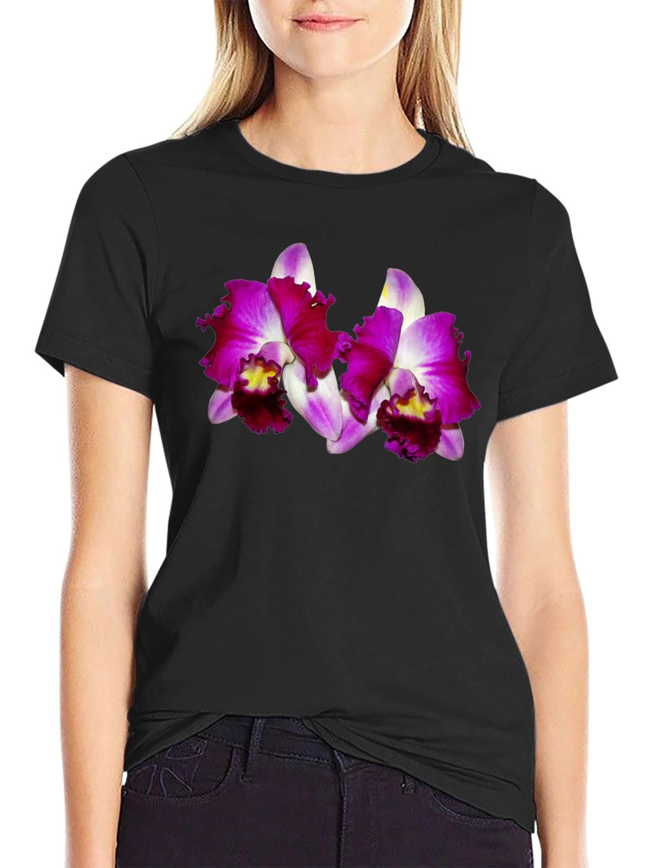 Orchid Graphic Tee - Bold Floral Black T-Shirt