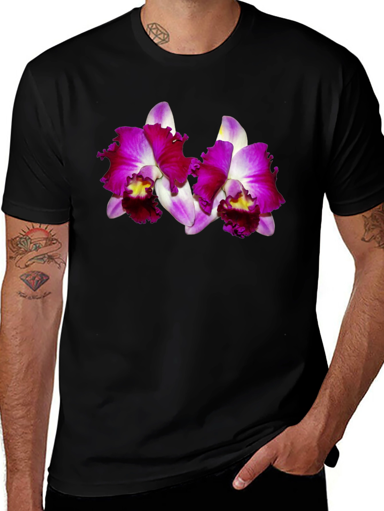 Orchid Graphic Tee - Bold Floral Black T-Shirt