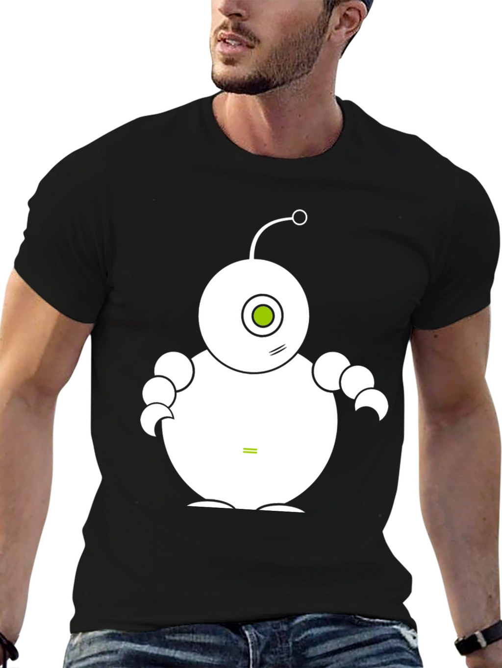 Cute Robot Graphic Tee - Black Cotton T-Shirt