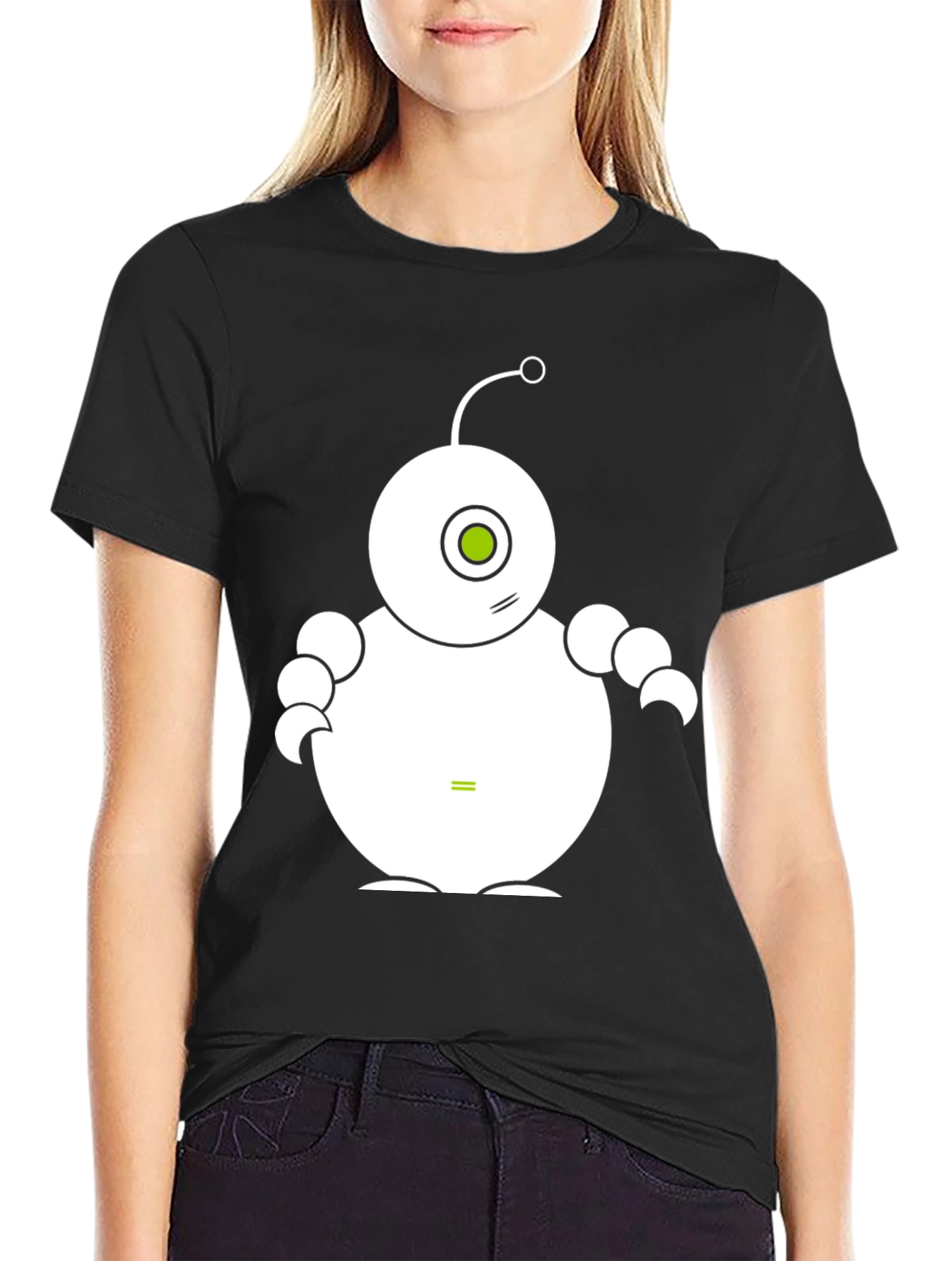Cute Robot Graphic Tee - Black Cotton T-Shirt