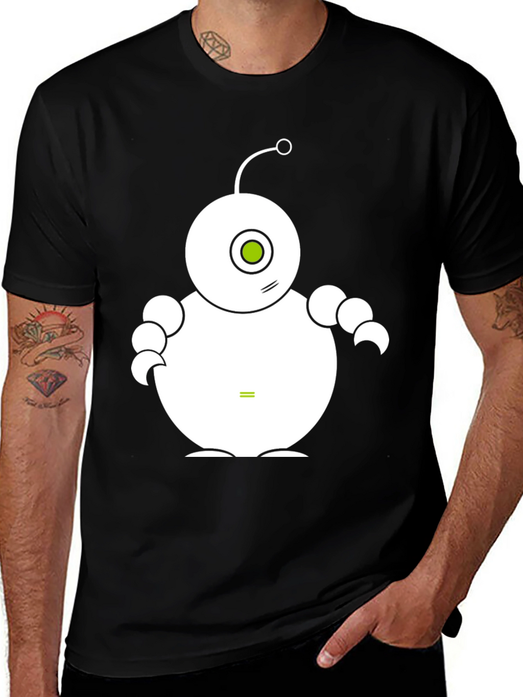 Cute Robot Graphic Tee - Black Cotton T-Shirt