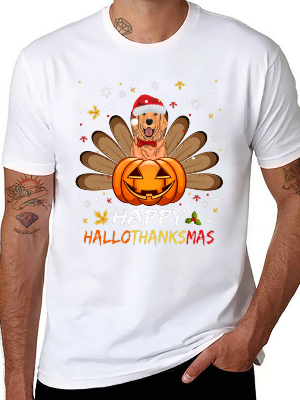 Happy HalloThanksmas Golden Retriever Turkey Pumpkin T-Shirt