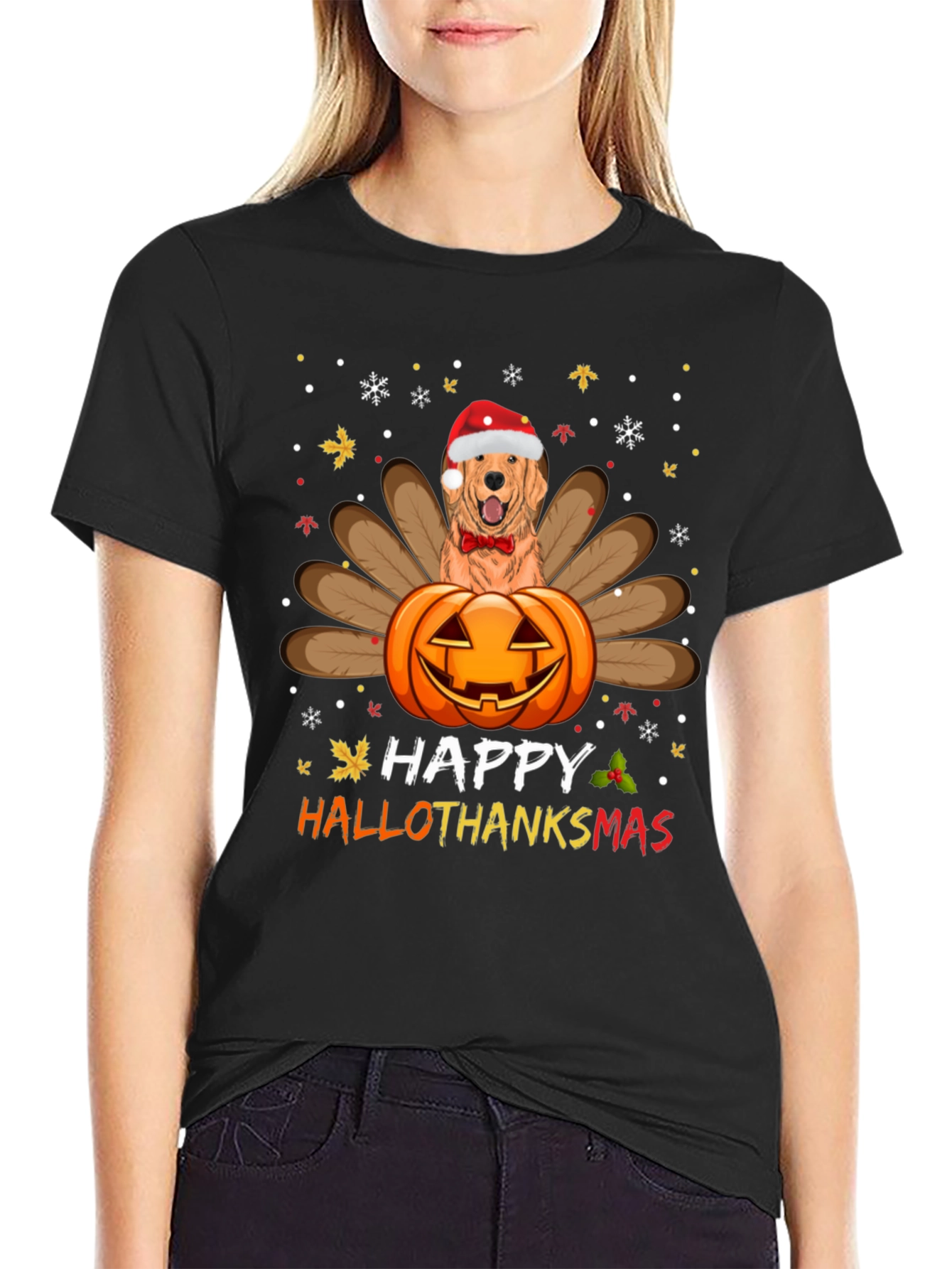 Happy HalloThanksmas Golden Retriever Turkey Pumpkin T-Shirt