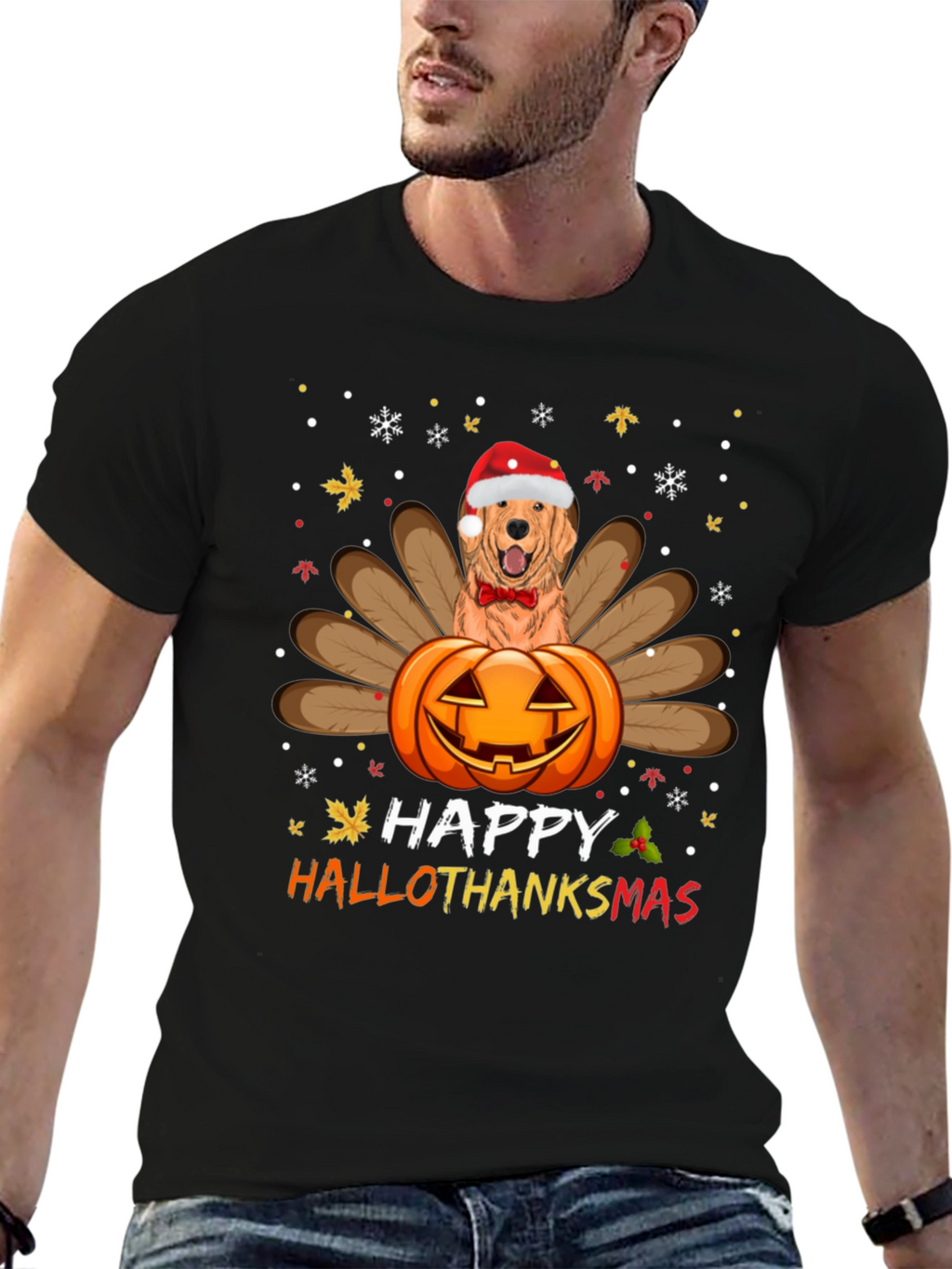Happy HalloThanksmas Golden Retriever Turkey Pumpkin T-Shirt