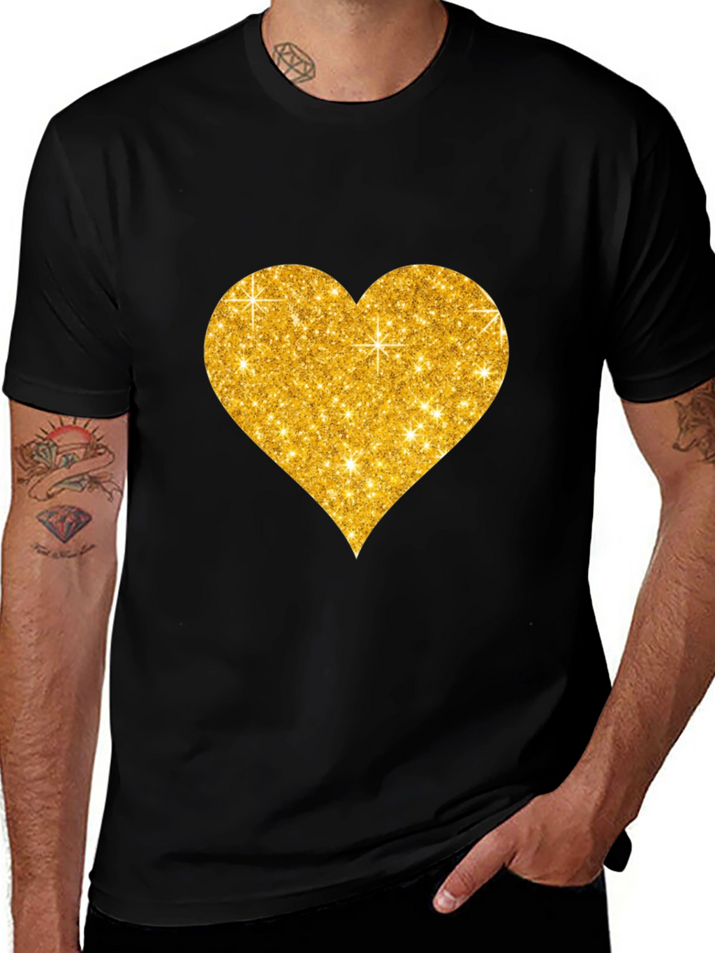 Glitter Heart Graphic Black T-Shirt