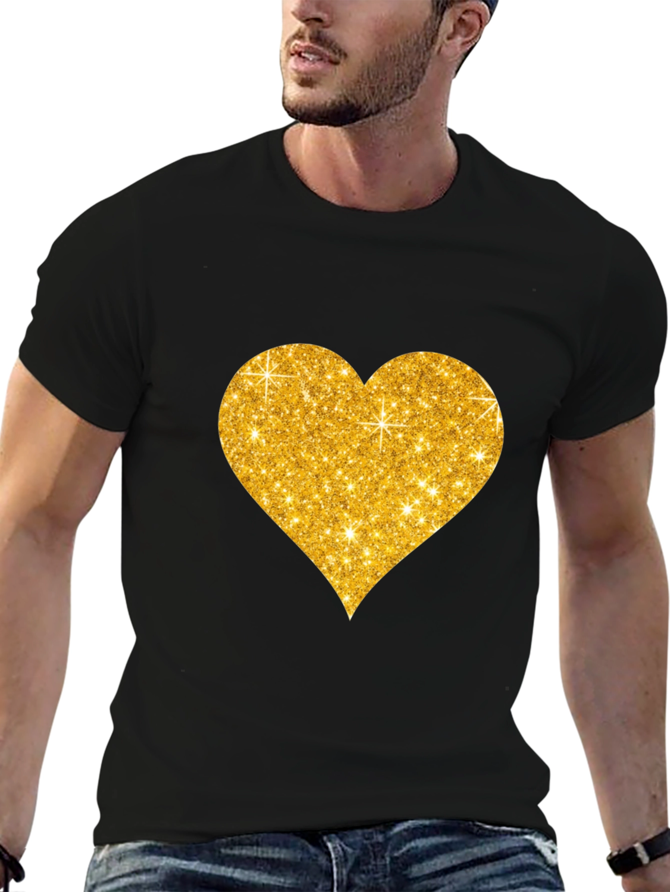 Glitter Heart Graphic Black T-Shirt