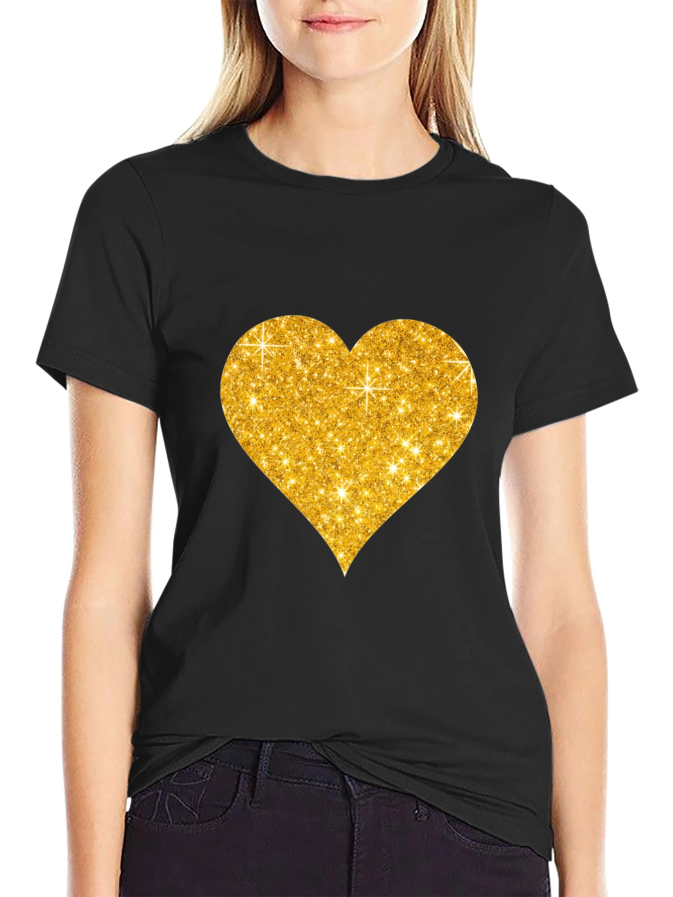 Glitter Heart Graphic Black T-Shirt