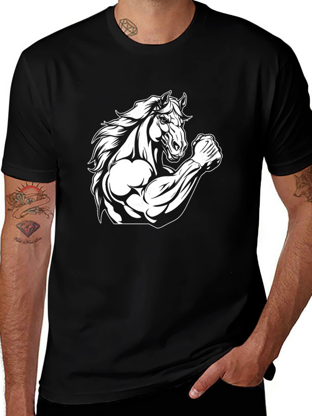 Horse Flex Muscle Mens Black Graphic T-Shirt