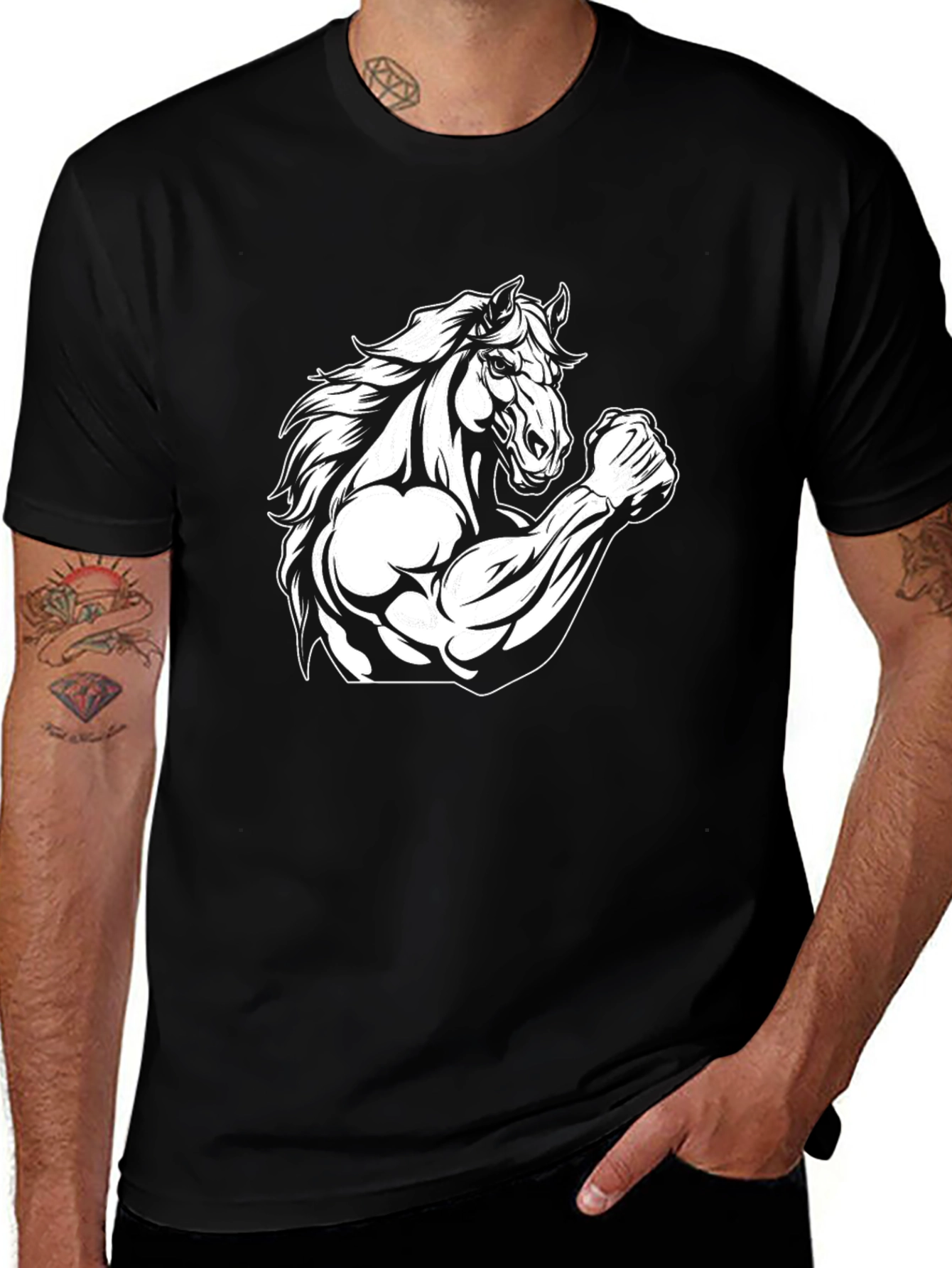 Horse Flex Muscle Mens Black Graphic T-Shirt