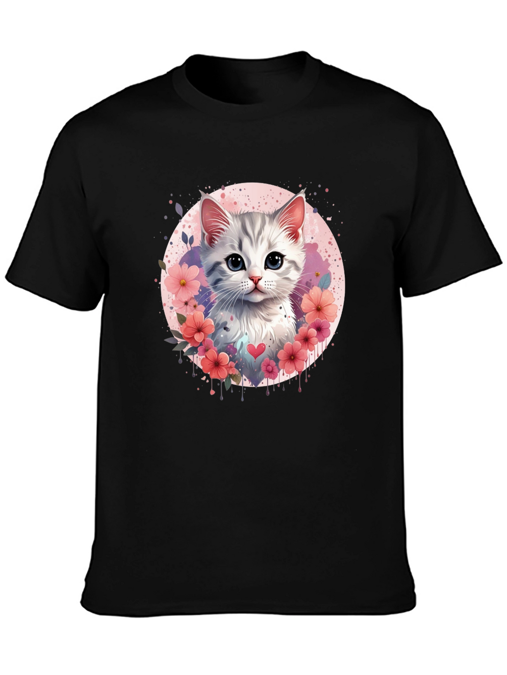 Cute Kitten Floral Heart T-Shirt - Black