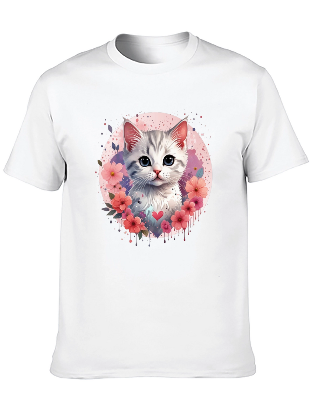 Cute Kitten Floral Heart T-Shirt - Black