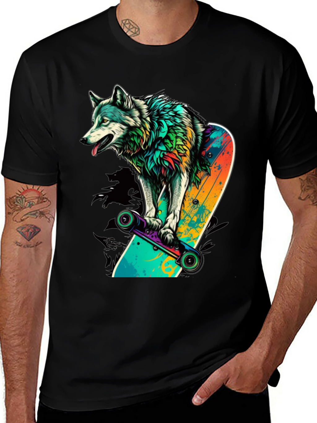 Wolf on Skateboard Graphic Tee - Black
