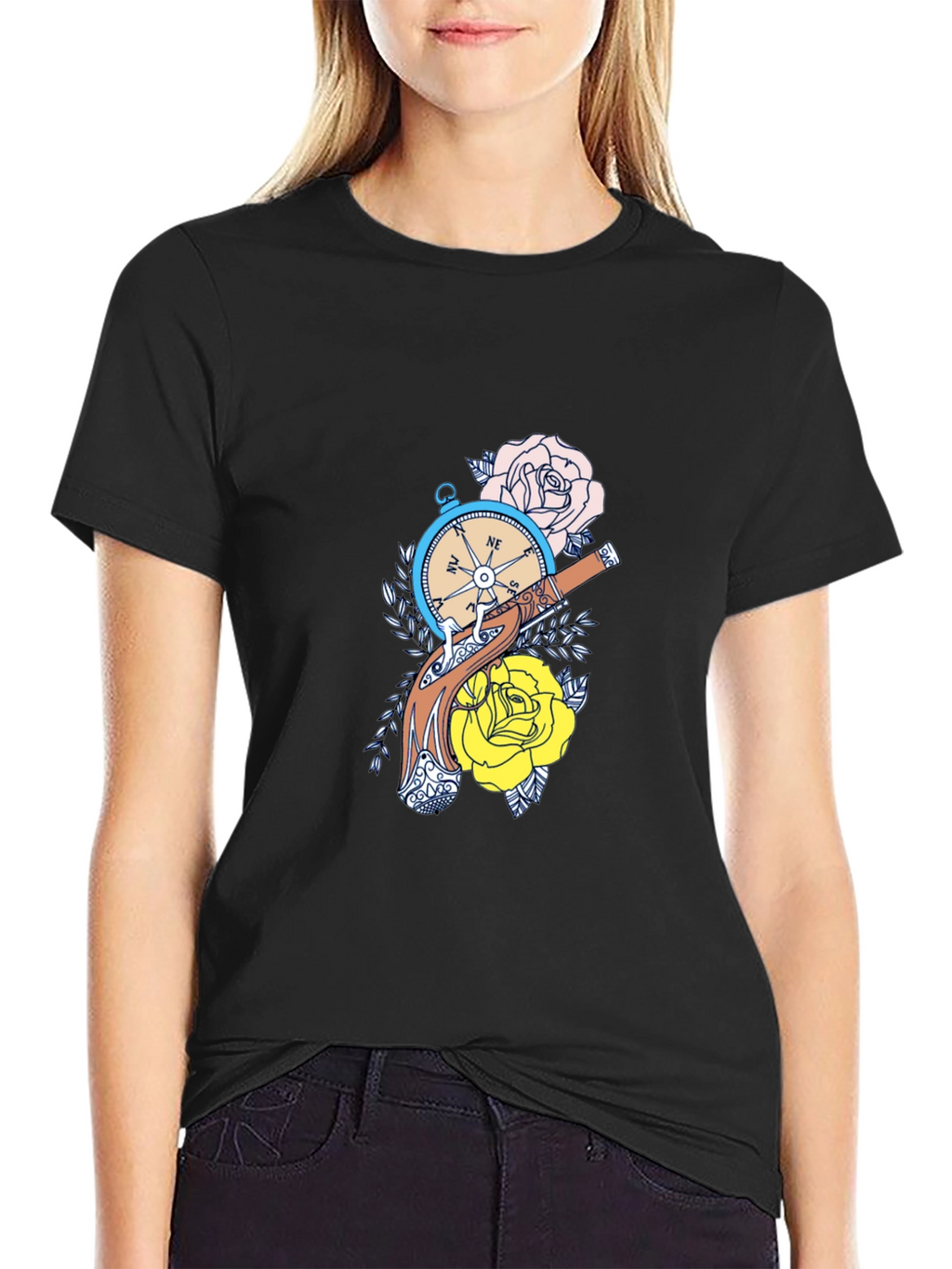 Compass & Roses Graphic Tee - Black Cotton