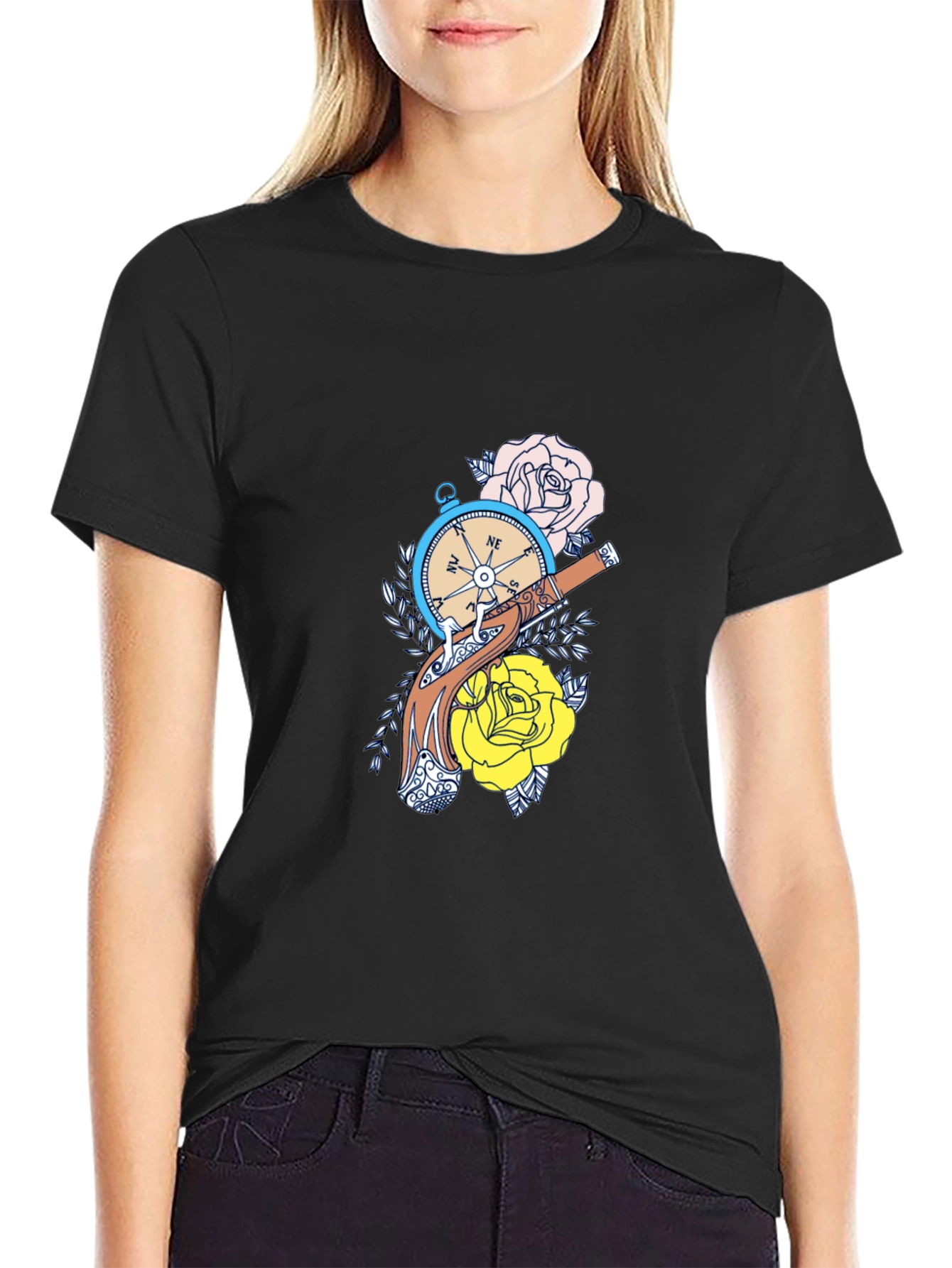 Compass & Roses Graphic Tee - Black Cotton