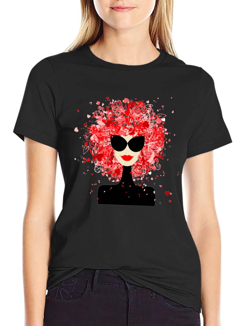 Stylish Woman Heart Hair Black Tee
