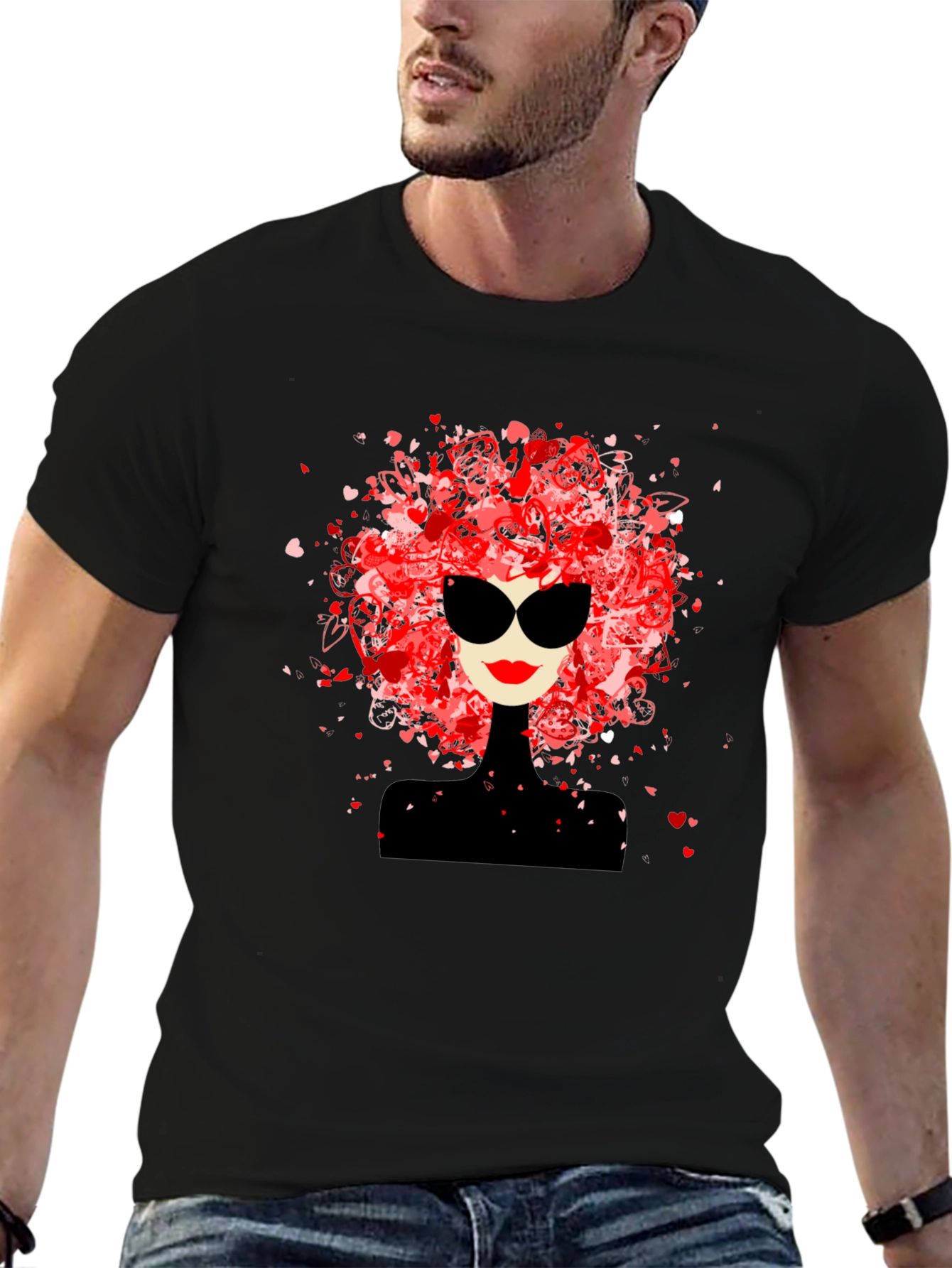 Stylish Woman Heart Hair Black Tee