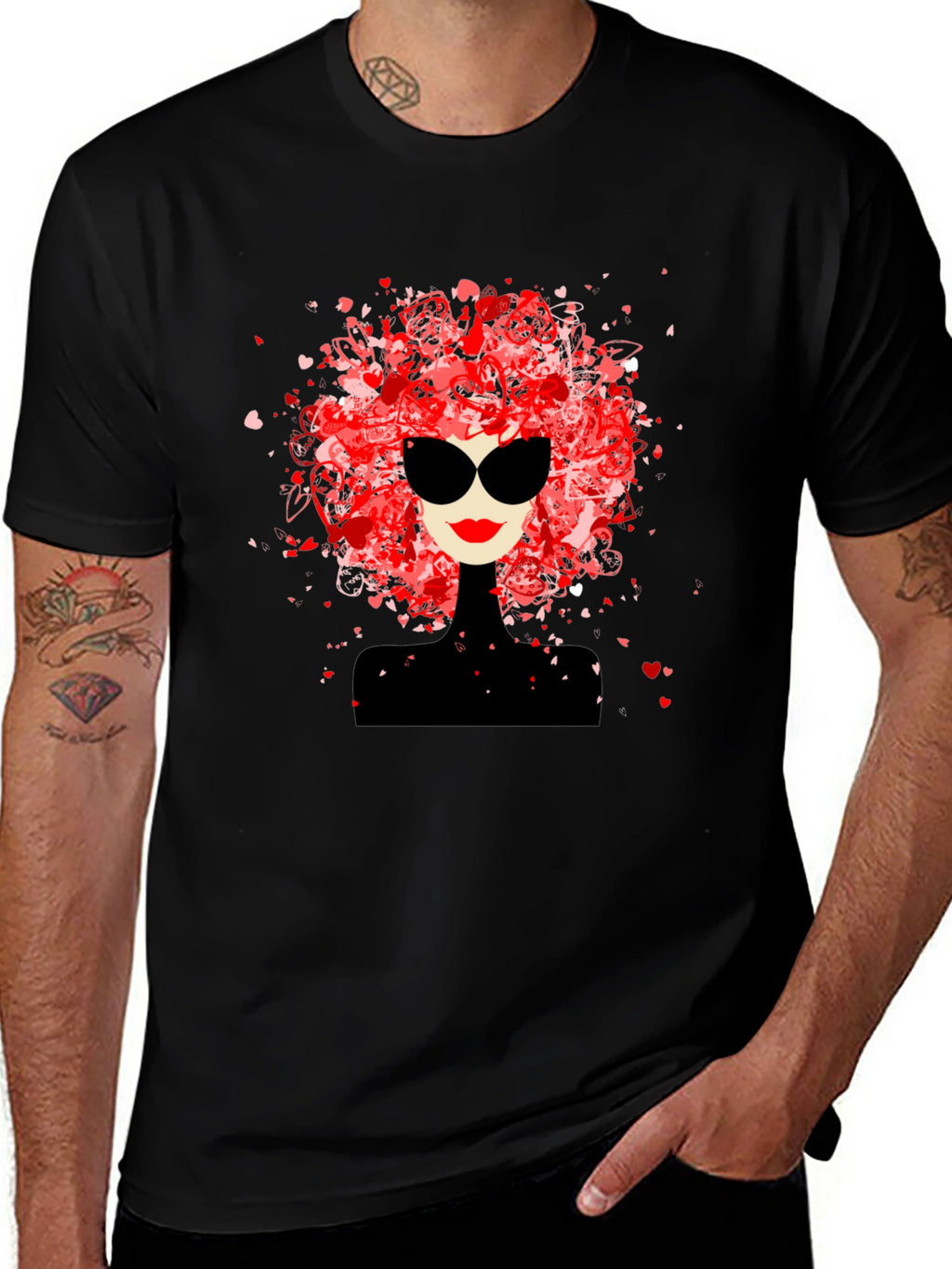 Stylish Woman Heart Hair Black Tee