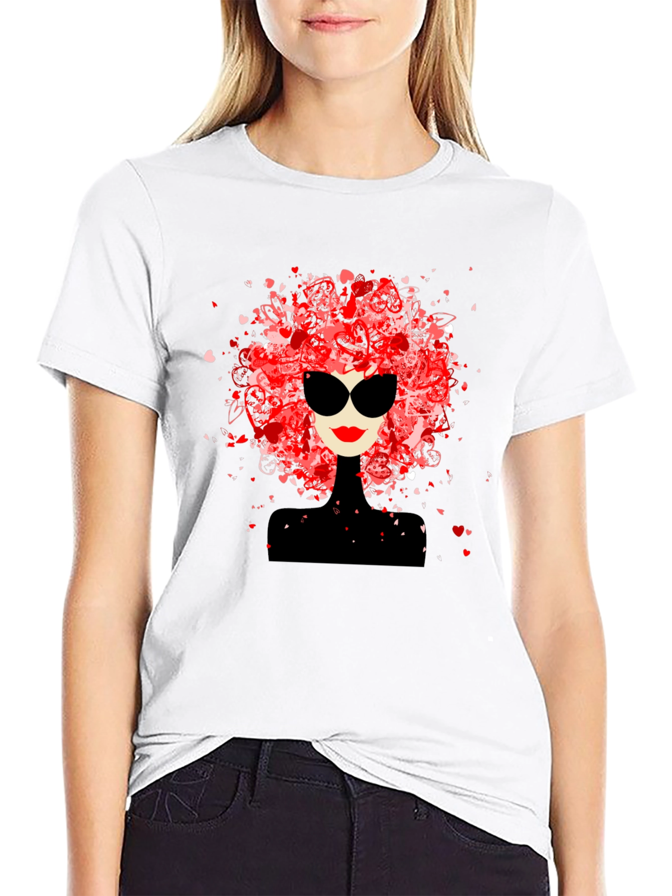 Stylish Woman Heart Hair Black Tee