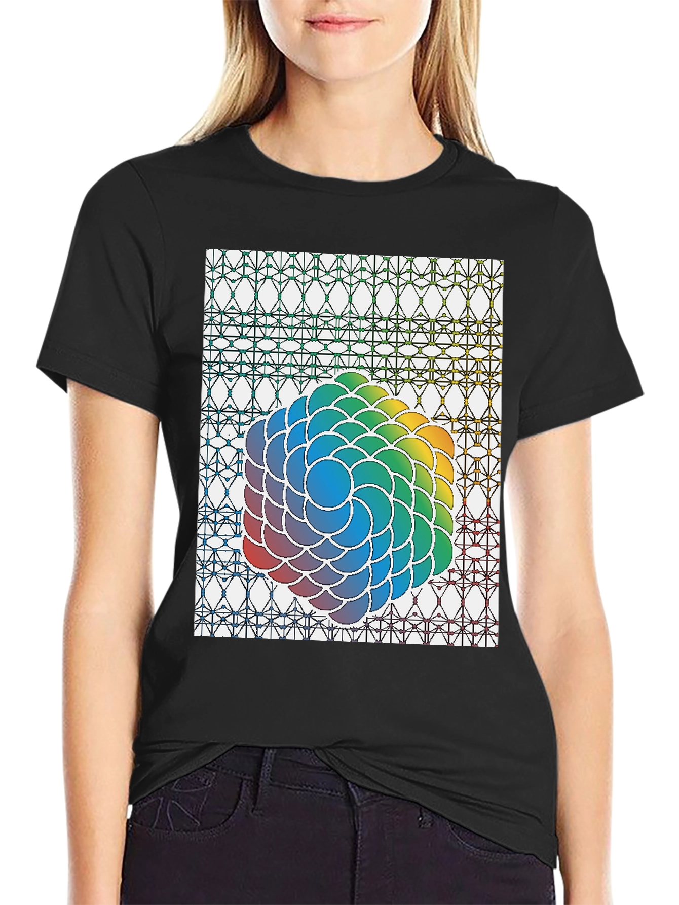Geometric Rainbow Graphic Tee - Stylish Black Cotton Blend Shirt