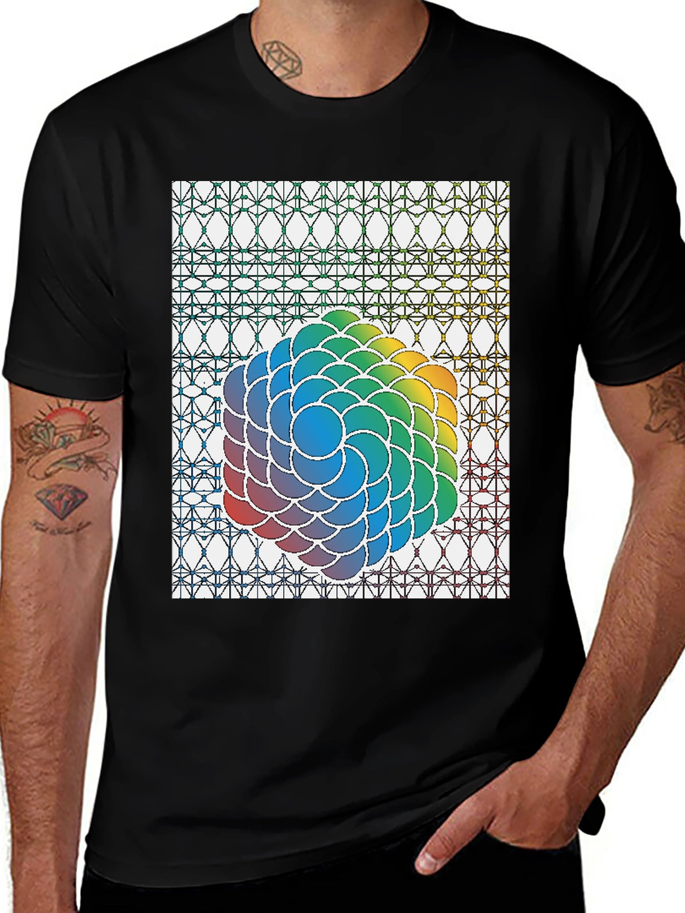 Geometric Rainbow Graphic Tee - Stylish Black Cotton Blend Shirt