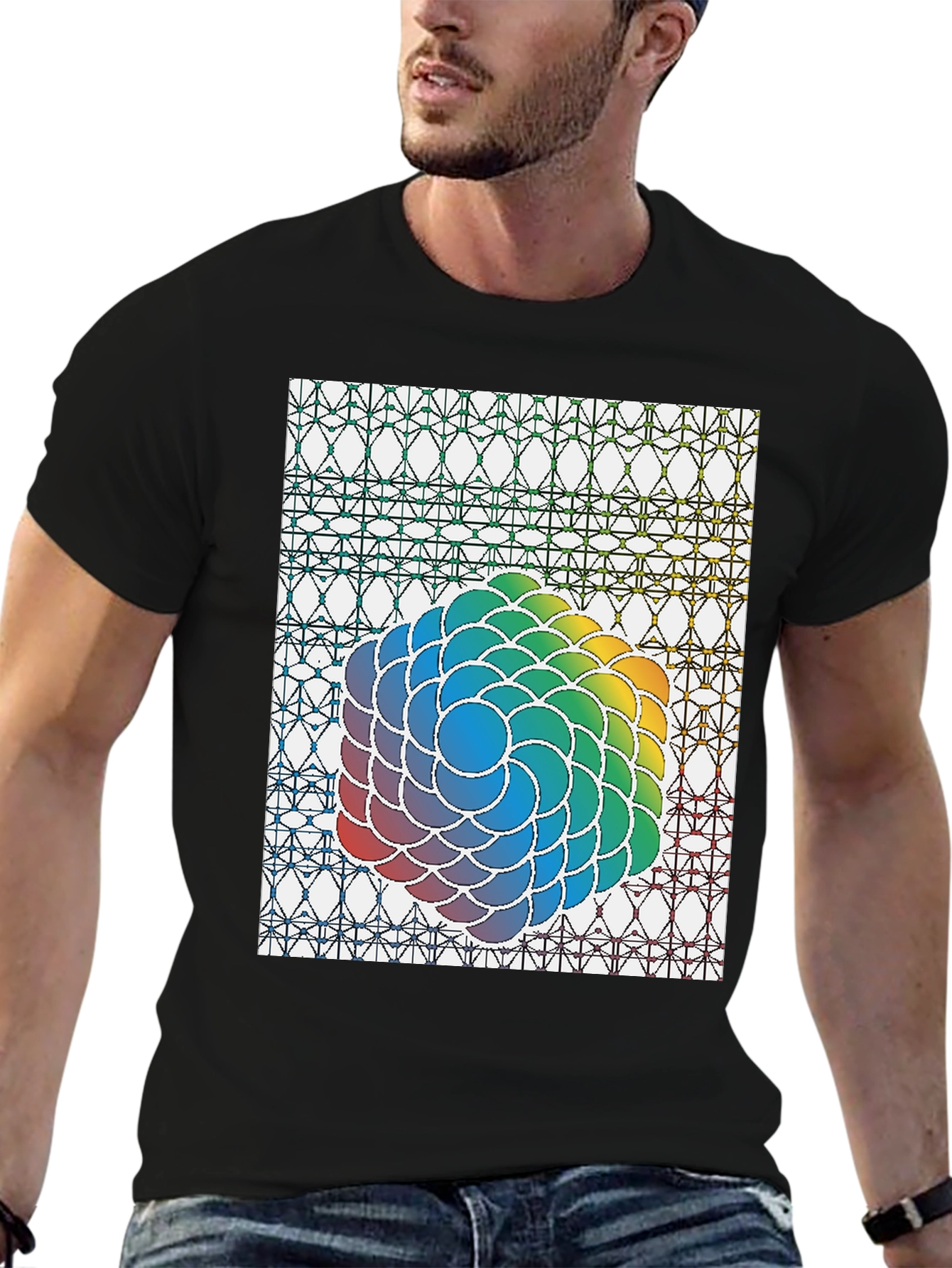 Geometric Rainbow Graphic Tee - Stylish Black Cotton Blend Shirt
