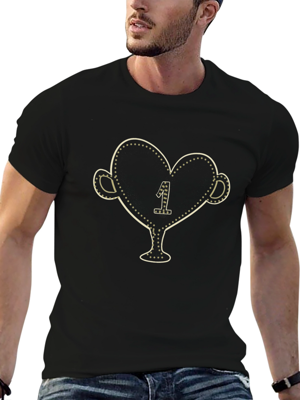 Black T-Shirt with Heart-Shaped Trophy Print